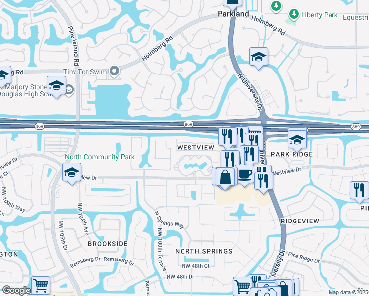 map of restaurants, bars, coffee shops, grocery stores, and more near 9957 Northwest 57th Manor in Coral Springs
