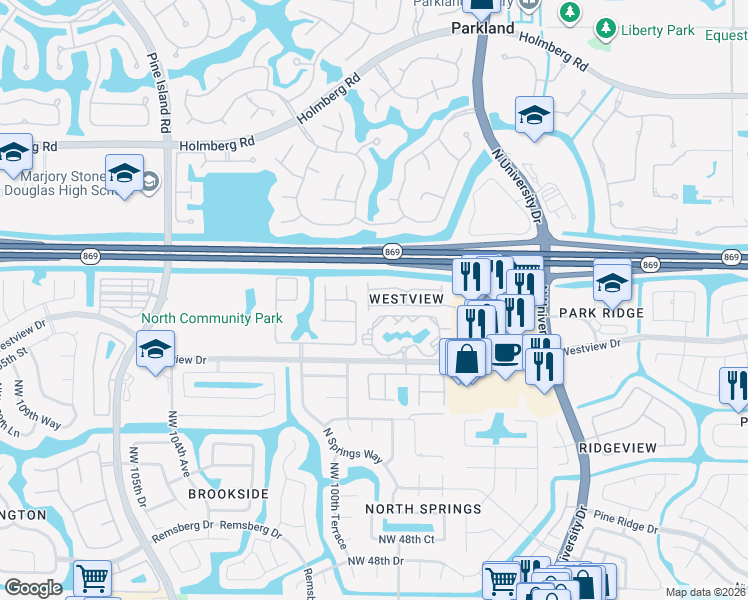 map of restaurants, bars, coffee shops, grocery stores, and more near 9957 Northwest 57th Manor in Coral Springs
