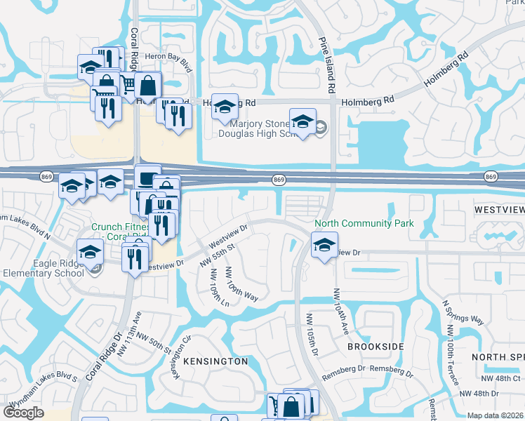 map of restaurants, bars, coffee shops, grocery stores, and more near 5648 Northwest 106th Way in Coral Springs