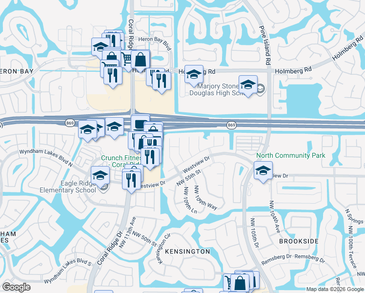 map of restaurants, bars, coffee shops, grocery stores, and more near 5660 Northwest 108th Way in Coral Springs