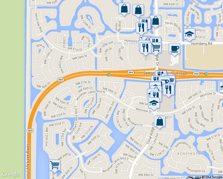 map of restaurants, bars, coffee shops, grocery stores, and more near 5673 Northwest 120th Avenue in Coral Springs