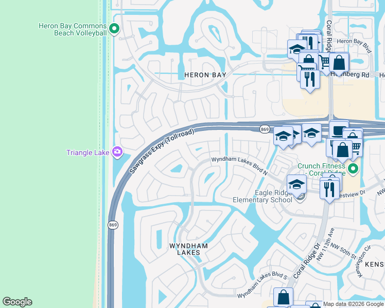 map of restaurants, bars, coffee shops, grocery stores, and more near 12281 Northwest 57th Street in Coral Springs
