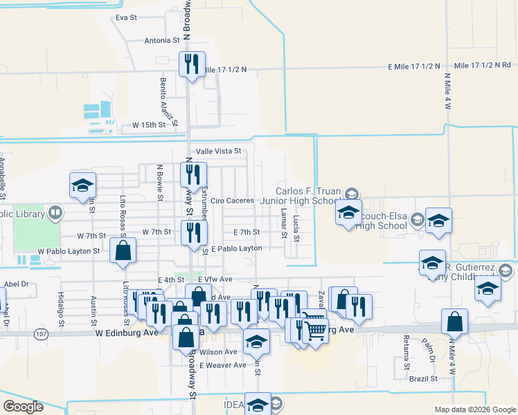 map of restaurants, bars, coffee shops, grocery stores, and more near 903 Carlson Street in Edcouch