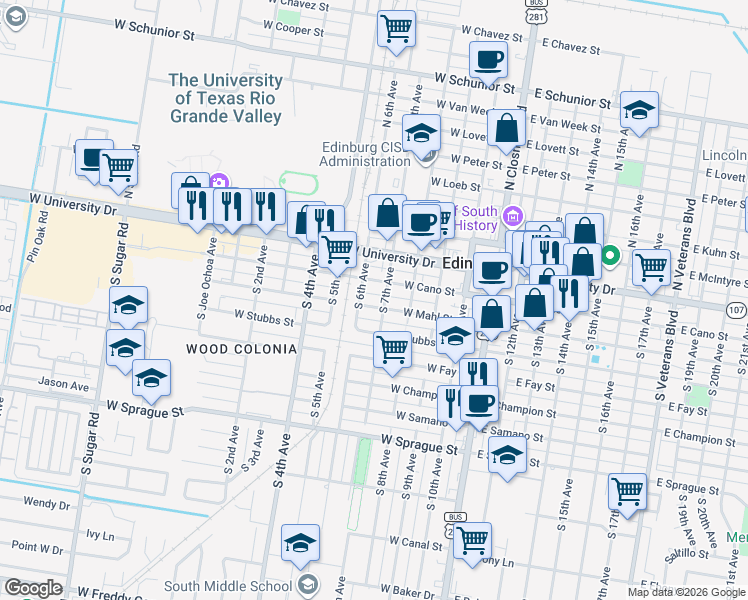 map of restaurants, bars, coffee shops, grocery stores, and more near 510 West Cano Street in Edinburg