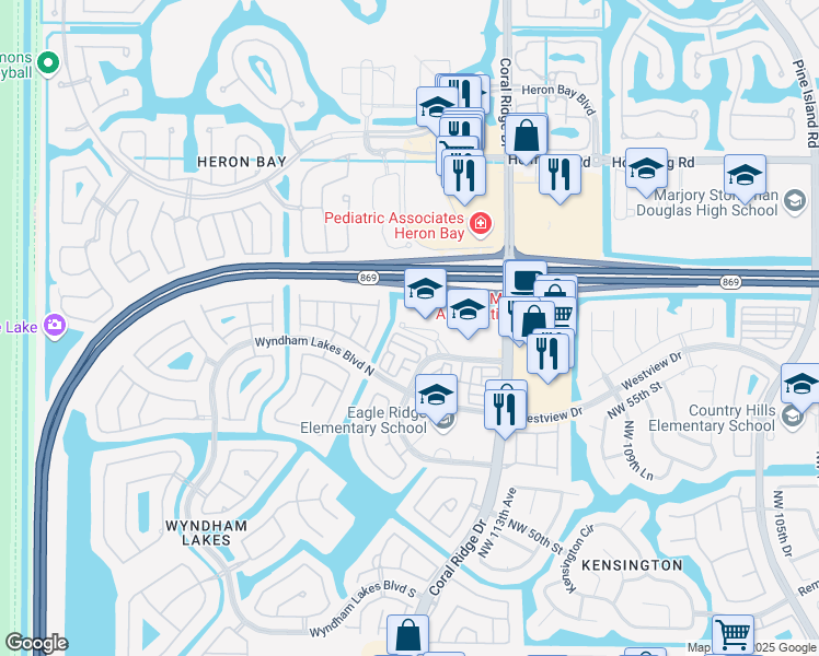 map of restaurants, bars, coffee shops, grocery stores, and more near 11421 Northwest 56th Drive in Coral Springs