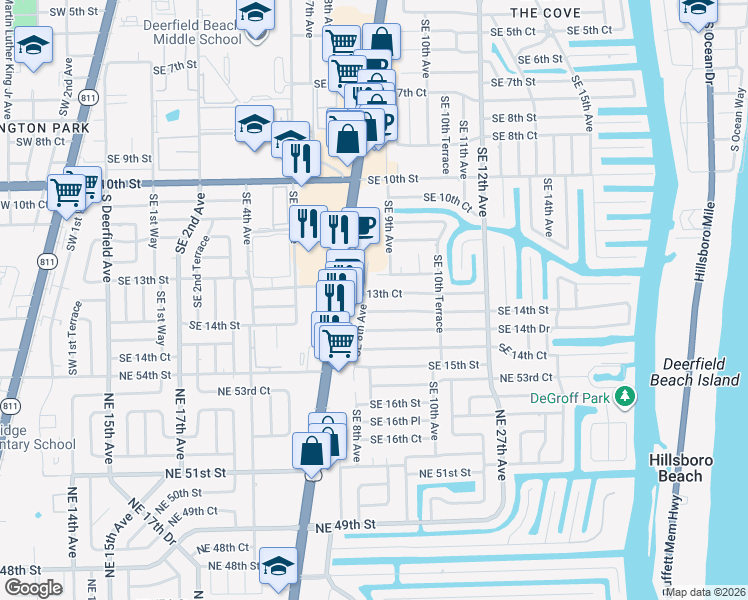map of restaurants, bars, coffee shops, grocery stores, and more near 801 Southeast 13th Court in Deerfield Beach