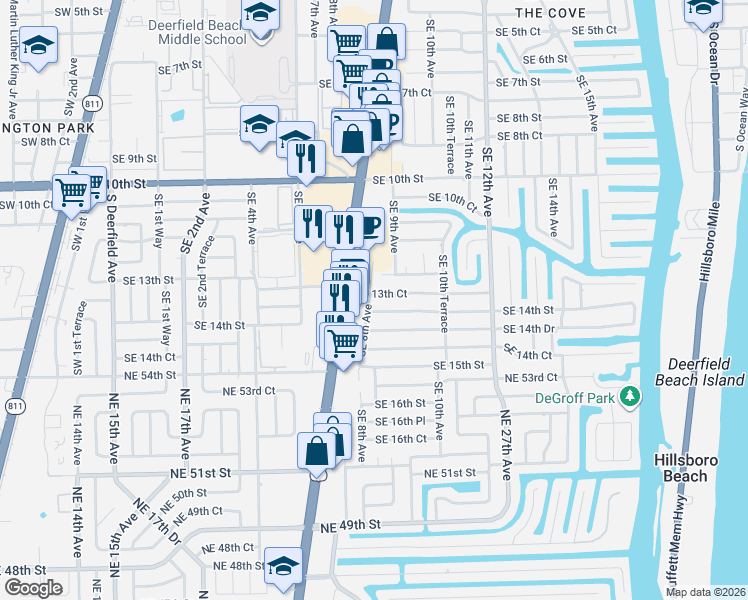map of restaurants, bars, coffee shops, grocery stores, and more near 801 Southeast 13th Court in Deerfield Beach