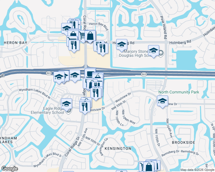 map of restaurants, bars, coffee shops, grocery stores, and more near 5747 Northwest 109th Lane in Coral Springs