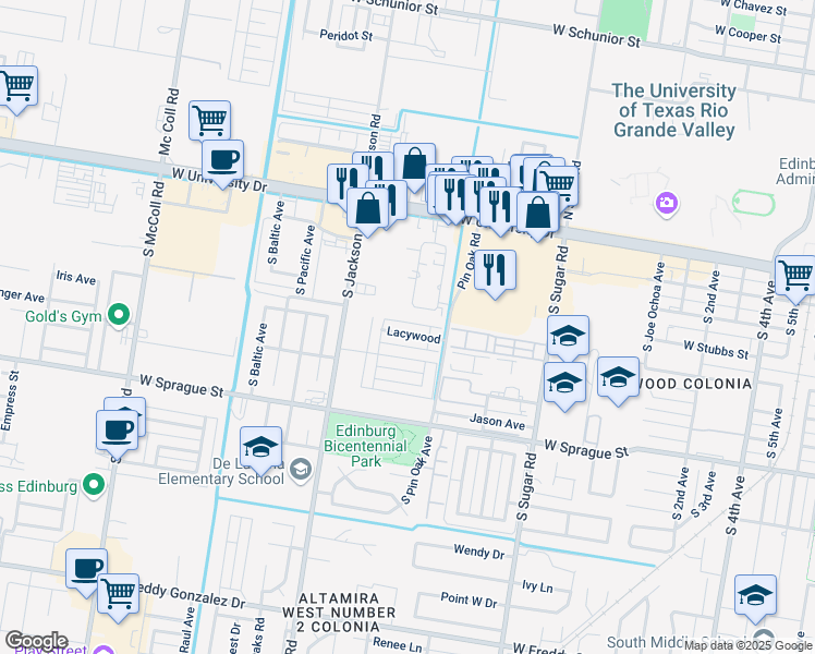 map of restaurants, bars, coffee shops, grocery stores, and more near 2007 Lacywood in Edinburg