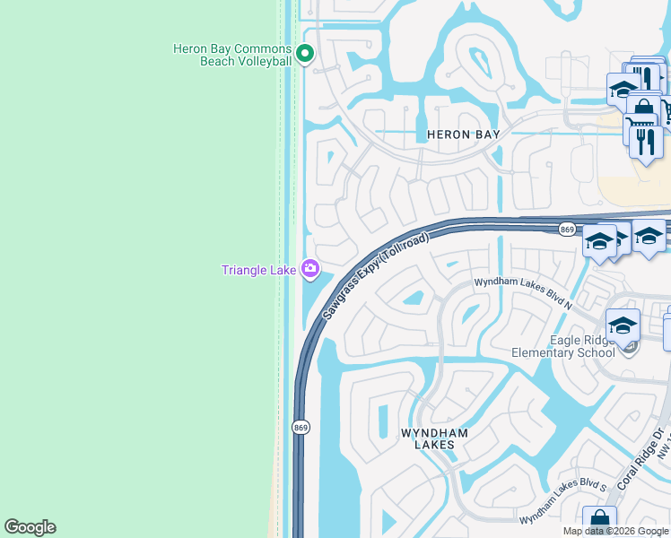 map of restaurants, bars, coffee shops, grocery stores, and more near 12573 Northwest 56th Drive in Coral Springs