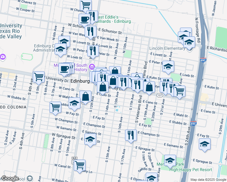 map of restaurants, bars, coffee shops, grocery stores, and more near 461 East University Drive in Edinburg