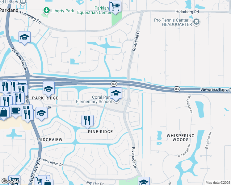 map of restaurants, bars, coffee shops, grocery stores, and more near 8533 Northwest 57th Drive in Coral Springs