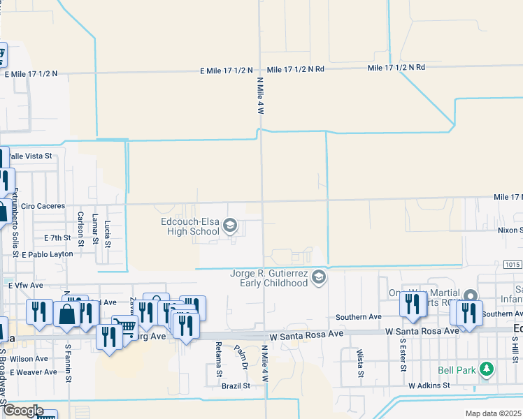 map of restaurants, bars, coffee shops, grocery stores, and more near 7981 Mile 17 Road North in Edcouch