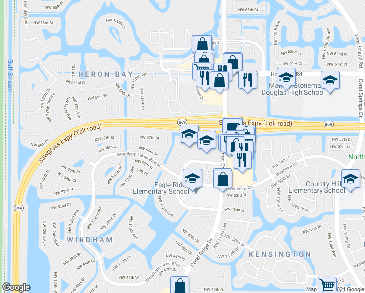 map of restaurants, bars, coffee shops, grocery stores, and more near 11421 Northwest 56th Drive in Coral Springs