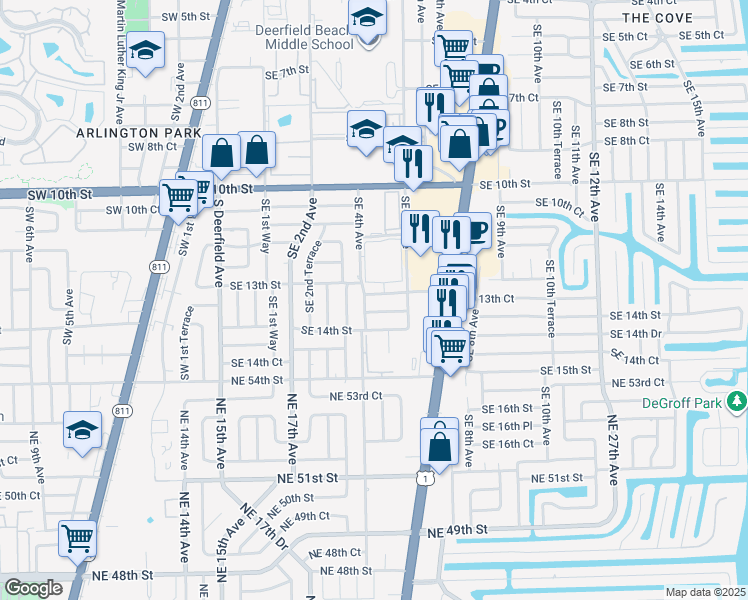 map of restaurants, bars, coffee shops, grocery stores, and more near 411 Southeast 13th Court in Deerfield Beach