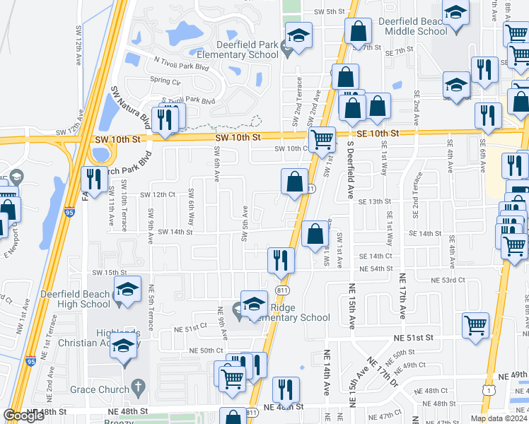 map of restaurants, bars, coffee shops, grocery stores, and more near 405 Southwest 12th Court in Deerfield Beach
