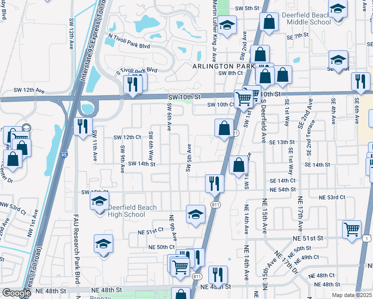 map of restaurants, bars, coffee shops, grocery stores, and more near 1300 Southwest 5th Terrace in Deerfield Beach