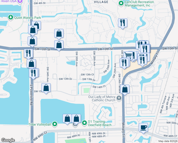 map of restaurants, bars, coffee shops, grocery stores, and more near 2860 Waterford Drive South in Deerfield Beach