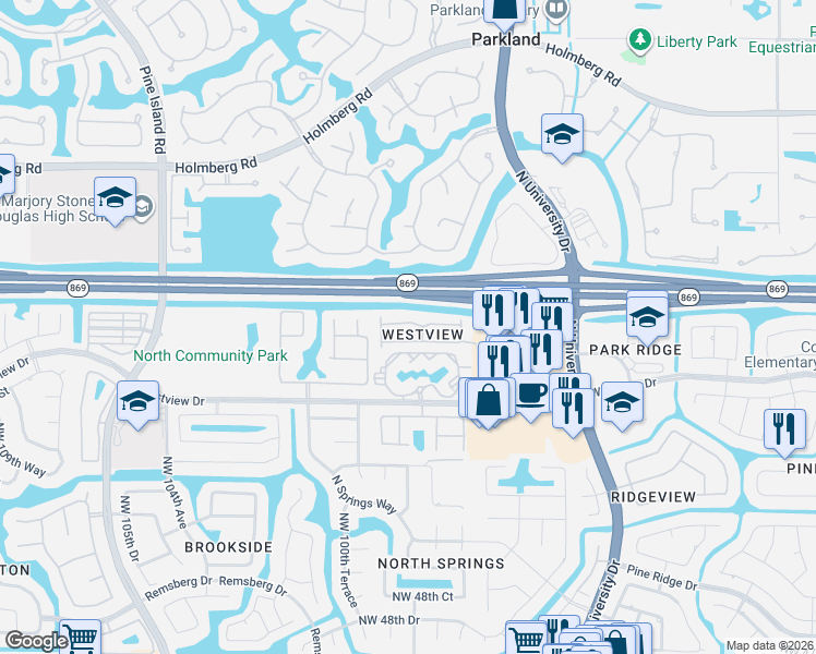map of restaurants, bars, coffee shops, grocery stores, and more near 9957 Northwest 57th Manor in Coral Springs