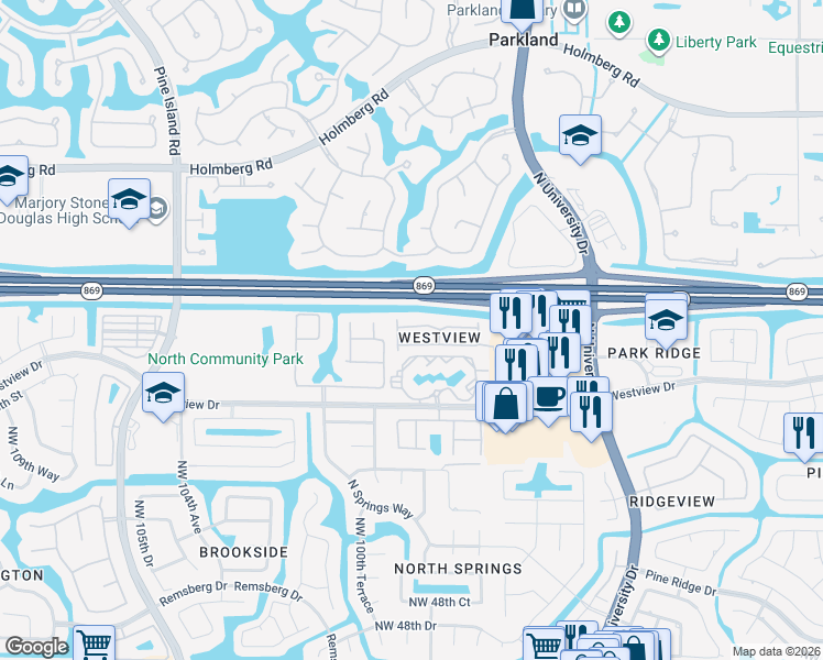 map of restaurants, bars, coffee shops, grocery stores, and more near 9957 Northwest 57th Manor in Coral Springs