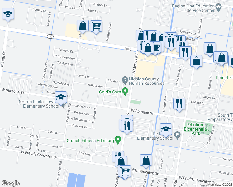 map of restaurants, bars, coffee shops, grocery stores, and more near 3020 Ginger Avenue in Edinburg
