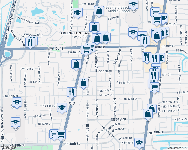 map of restaurants, bars, coffee shops, grocery stores, and more near 16 Southwest 13th Street in Deerfield Beach