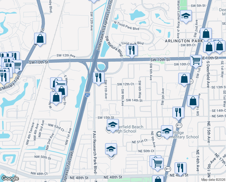 map of restaurants, bars, coffee shops, grocery stores, and more near 1270 Southwest 10th Avenue in Deerfield Beach
