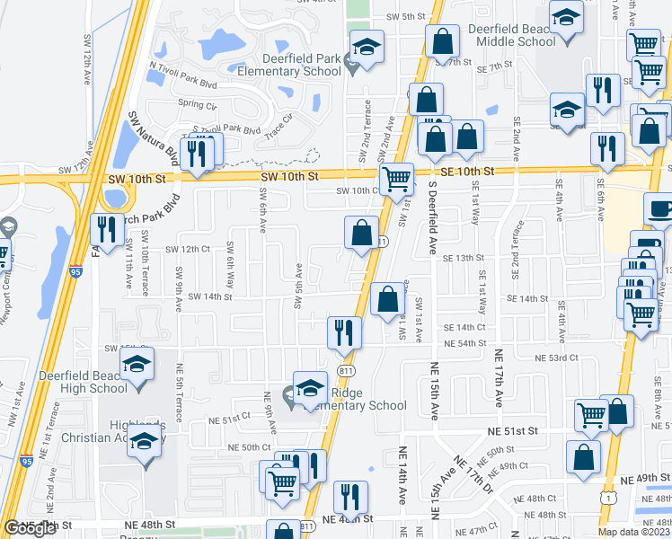 map of restaurants, bars, coffee shops, grocery stores, and more near 1331 South Dixie Highway in Deerfield Beach