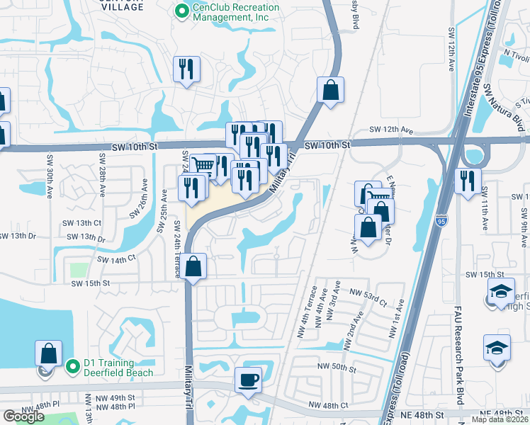 map of restaurants, bars, coffee shops, grocery stores, and more near 1240 South Military Trail in Deerfield Beach