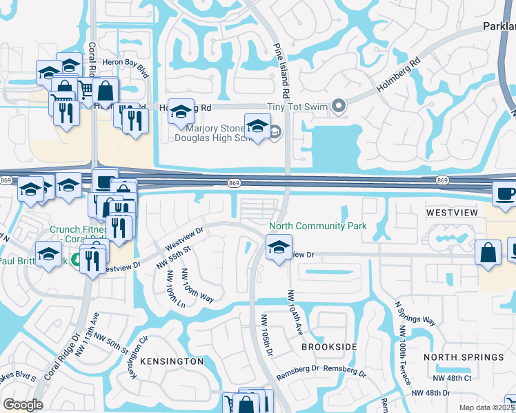 map of restaurants, bars, coffee shops, grocery stores, and more near 10528 Northwest 57th Court in Coral Springs