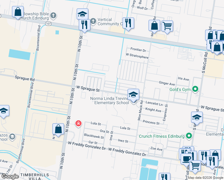 map of restaurants, bars, coffee shops, grocery stores, and more near 4001 Hawthorne Avenue in Edinburg