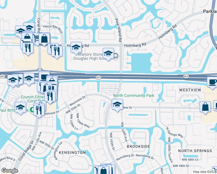 map of restaurants, bars, coffee shops, grocery stores, and more near 10528 Northwest 57th Court in Coral Springs