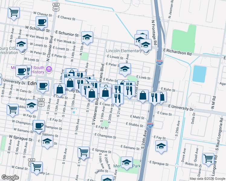 map of restaurants, bars, coffee shops, grocery stores, and more near 117 North 20th Avenue in Edinburg