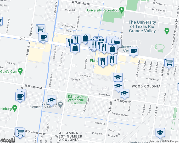 map of restaurants, bars, coffee shops, grocery stores, and more near 416 Gastel Circle in Edinburg
