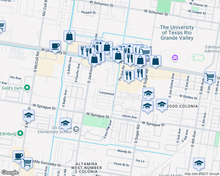 map of restaurants, bars, coffee shops, grocery stores, and more near 416 Gastel Circle in Edinburg
