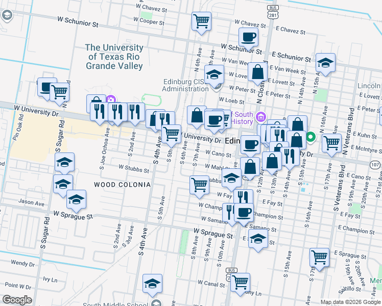 map of restaurants, bars, coffee shops, grocery stores, and more near 510 West Cano Street in Edinburg