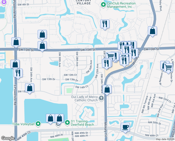 map of restaurants, bars, coffee shops, grocery stores, and more near 1293 Southwest 26th Avenue in Deerfield Beach