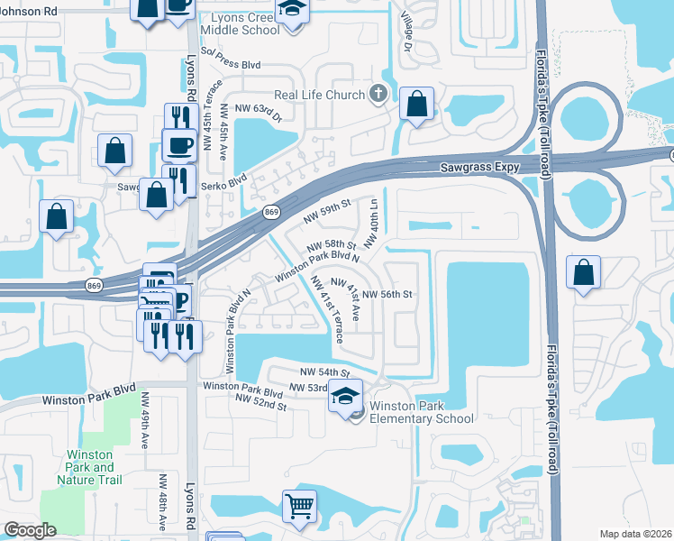 map of restaurants, bars, coffee shops, grocery stores, and more near 5691 Northwest 40th Terrace in Coconut Creek