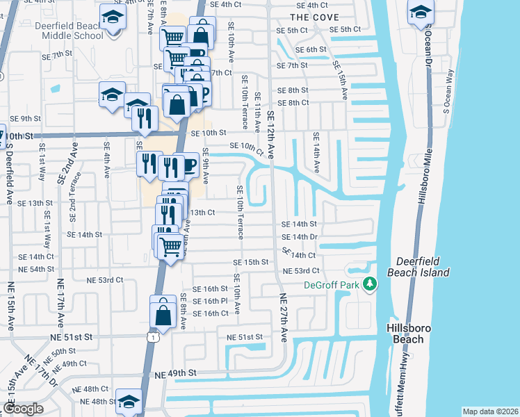 map of restaurants, bars, coffee shops, grocery stores, and more near 1107 Southeast 13th Court in Deerfield Beach