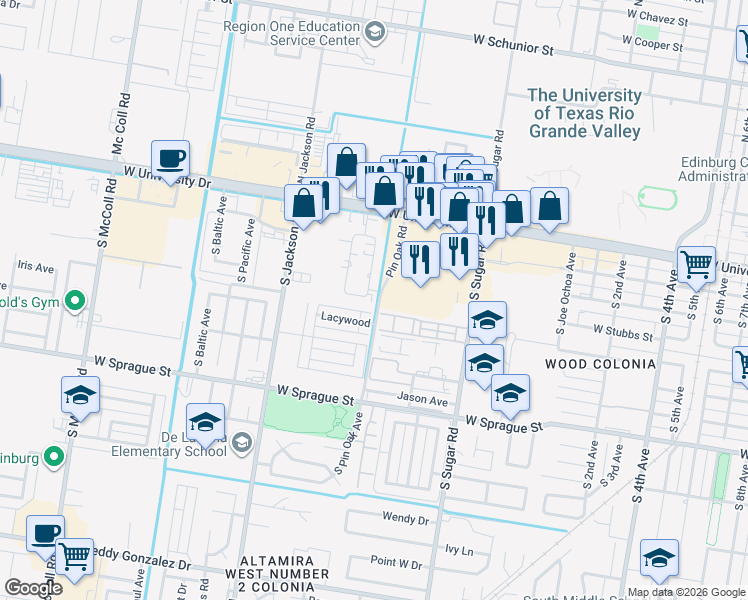 map of restaurants, bars, coffee shops, grocery stores, and more near 402 Gastel Circle in Edinburg