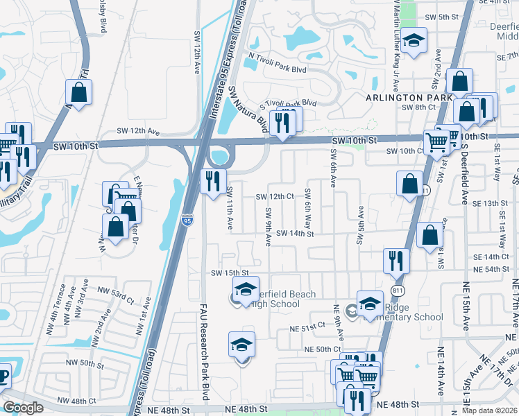 map of restaurants, bars, coffee shops, grocery stores, and more near 1270 Southwest 10th Avenue in Deerfield Beach