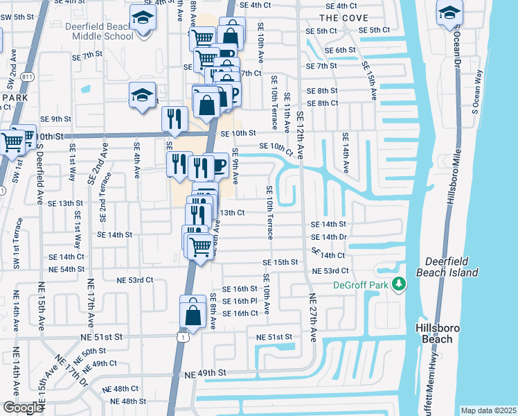 map of restaurants, bars, coffee shops, grocery stores, and more near 1005 Southeast 13th Court in Deerfield Beach