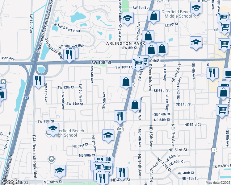 map of restaurants, bars, coffee shops, grocery stores, and more near 405 Southwest 12th Court in Deerfield Beach