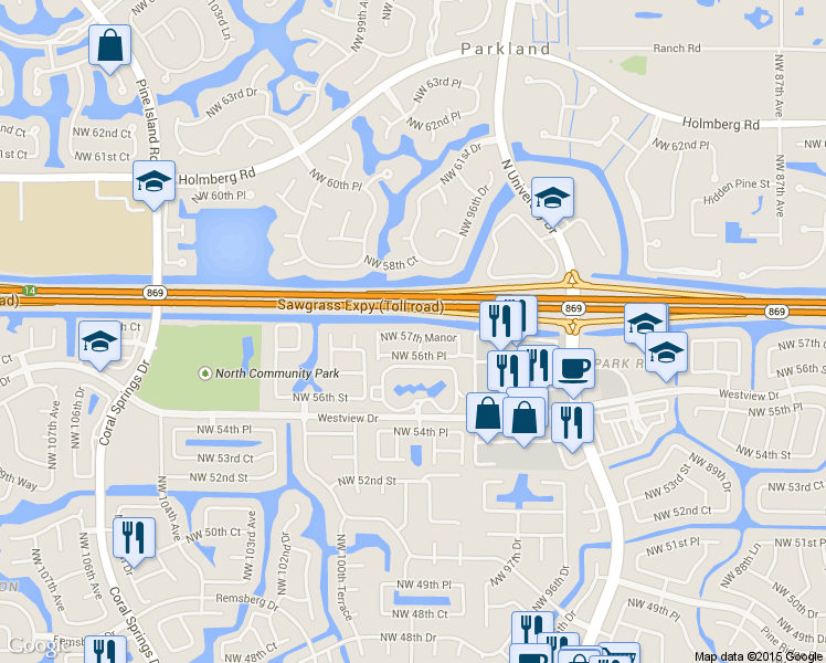 map of restaurants, bars, coffee shops, grocery stores, and more near 9957 Northwest 57th Manor in Coral Springs