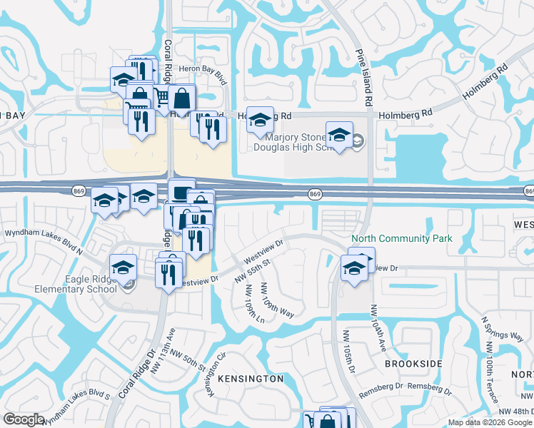 map of restaurants, bars, coffee shops, grocery stores, and more near 5675 Northwest 108th Terrace in Coral Springs