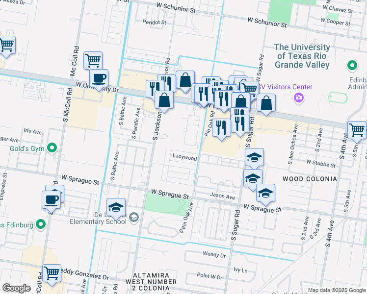 map of restaurants, bars, coffee shops, grocery stores, and more near 416 Gastel Circle in Edinburg