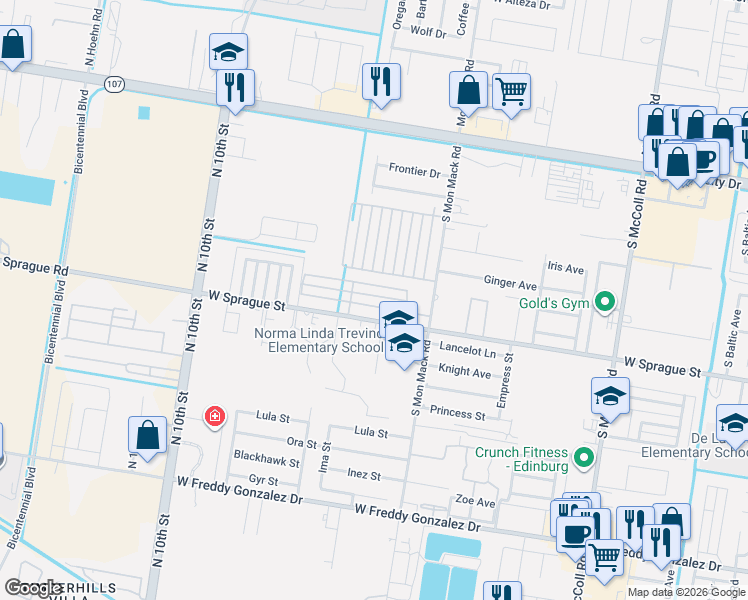 map of restaurants, bars, coffee shops, grocery stores, and more near 3813 Hawthorne Avenue in Edinburg