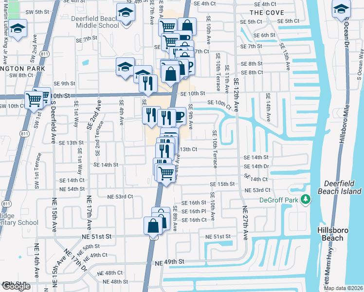 map of restaurants, bars, coffee shops, grocery stores, and more near 801 Southeast 13th Court in Deerfield Beach