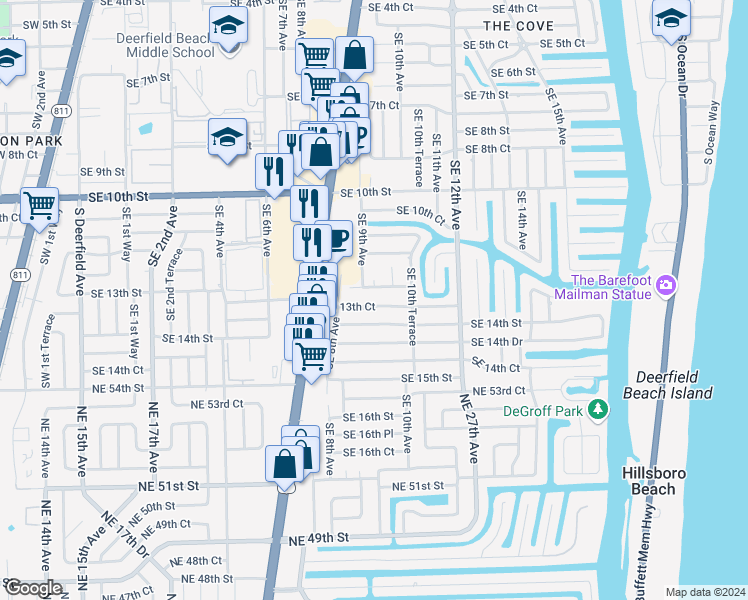 map of restaurants, bars, coffee shops, grocery stores, and more near 905 Southeast 13th Court in Deerfield Beach