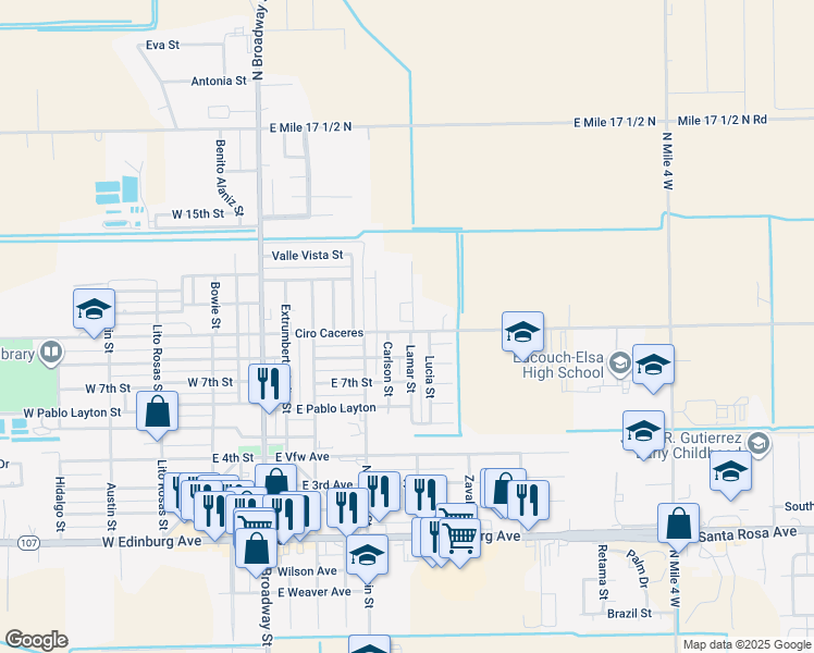 map of restaurants, bars, coffee shops, grocery stores, and more near 9 La Paz Street in Edcouch